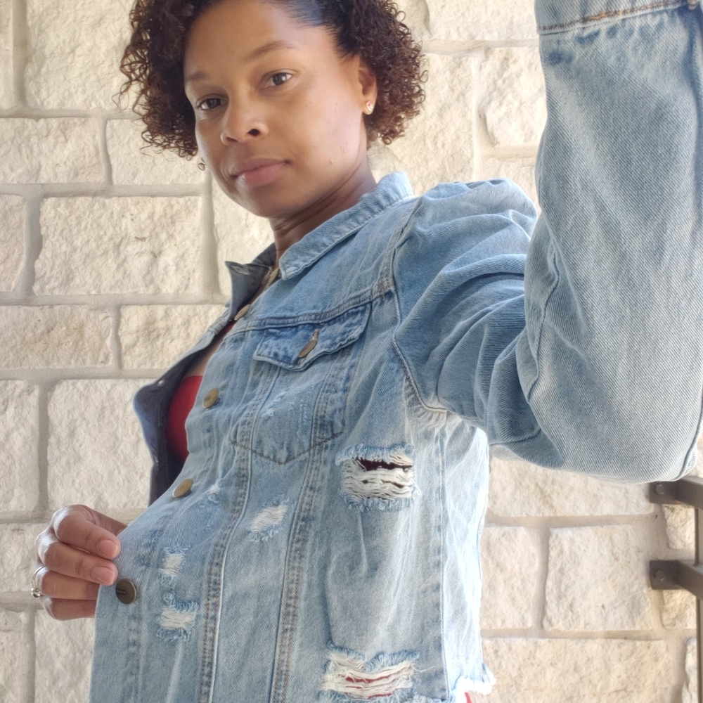 Mono B Puffed Sleeve  Cropped  Distressed Denim Jacket